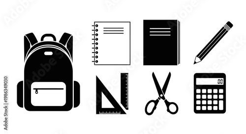 Education and school supplies icons set. Black silhouette vector illustration of backpack, notebooks, pencil, ruler, scissors, calculator.