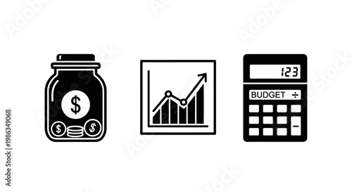 Financial planning icons set with money jar savings, investment growth chart, and budget calculator concept.