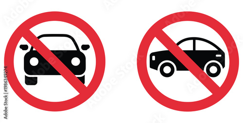 Prohibition sign car forbidden icon set cars prohibition signs prohibited, vehicle restriction and traffic control warning symbol collection, no car entry road safety regulation concept vector
