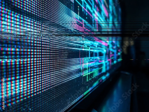 IA generated, extreme macro photography of a digital screen display showing a vibrant grid of RGB pixels and sub-pixels creating a technical textured pattern with multicolored light dots.