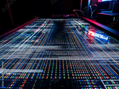 IA generated, extreme macro photography of a digital screen display showing a vibrant grid of RGB pixels and sub-pixels creating a technical textured pattern with multicolored light dots.