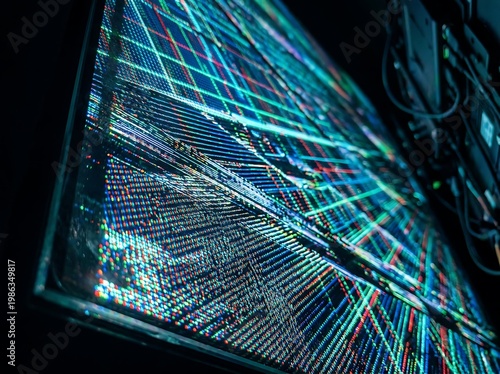 IA generated, extreme macro photography of a digital screen display showing a vibrant grid of RGB pixels and sub-pixels creating a technical textured pattern with multicolored light dots.