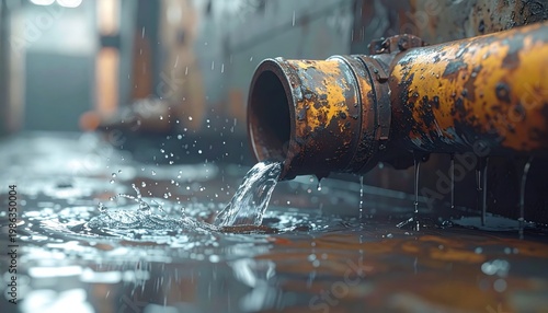 Industrial rusty yellow pipe discharging a steady stream of clear water into a dark puddle with splashing droplets in blurry setting