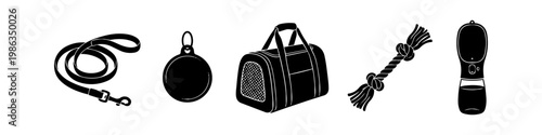 Collection of black silhouette icons for pet care and travel: leash, tag, carrier bag, rope toy, and portable waterer. Perfect for pet shop logos, web design, and animal supply catalogs.