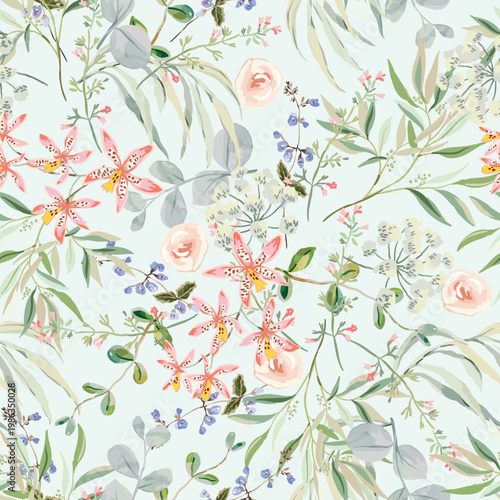 Meadow greenery, pink orchid flowers, green leaves, herbs, light background. Floral illustration. Vector seamless pattern. Botanical design. Nature summer plants