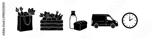 Black silhouette icons representing a grocery delivery service including a shopping bag, produce crate, bread, milk, delivery van, and clock. Ideal for logistics and online shopping concepts.