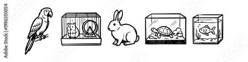A minimalist black and white line art collection of domestic pets, featuring a parrot, hamster in a cage, rabbit, turtle in a terrarium, and fish in an aquarium. Perfect for pet shop branding.
