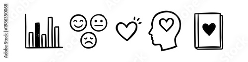 Hand-drawn doodle icons representing emotional intelligence, psychology, and mental health tracking. Includes bar chart, mood faces, heart symbol, mind silhouette, and journal.
