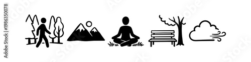 A collection of hand-drawn black and white icons representing outdoor activities and nature, featuring hiking, mountain scenery, yoga meditation, a park bench, and windy cloud symbols.