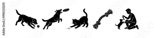 Minimalist black silhouette set featuring dogs and cats playing, training scenes with a man, and pet toys like a frisbee, ball, and rope, isolated on a white background.