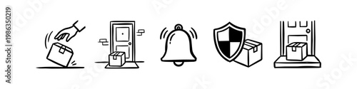 Hand-drawn delivery and logistics icons featuring package drop-off, doorstep delivery, doorbell notification, and security shield. Minimalist black doodle style for e-commerce and shipping.