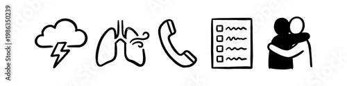 Hand-drawn icon set representing mental health coping strategies, including a storm cloud, breathing lungs, a phone, a checklist, and a supportive hug. Minimalist black ink doodle style.