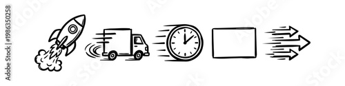 Hand-drawn doodle icons for fast delivery and logistics, including a rocket, shipping truck, clock, and package. Minimalist black line art sketches representing speed, efficiency, and progress.