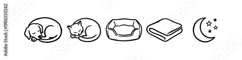 Minimalist black line art icons of a sleeping dog, curled cat, pet bed, blanket, and moon with stars, representing animal comfort and nighttime rest, isolated on white background.