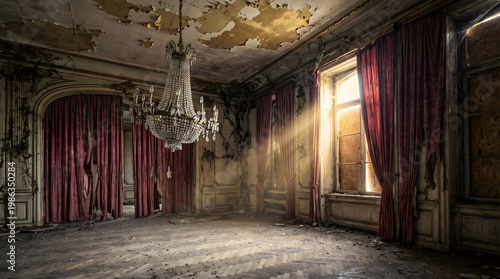 Ballroom Megah Terbengkalai dengan Lampu Gantung dan Sinar Matahari