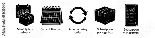 Set of black hand-drawn icons for subscription services: monthly delivery, plan, auto-recurring order, package box, and management app. Minimalist doodle style vector illustration.