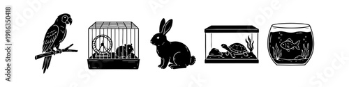 Hand-drawn black and white silhouette icons of various small pets: parrot, hamster in cage, rabbit, turtle in tank, and goldfish in bowl. Minimalist set for pet shop branding and animal care.
