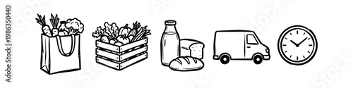 Black and white hand-drawn doodle icons for grocery delivery service, featuring paper bag, vegetable crate, milk bottle, bread, delivery van, and clock. Minimalist sketch style illustration.