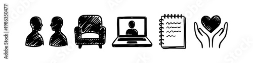 Hand-drawn therapy icons set featuring counseling profiles, armchair, online laptop therapy, notebook, and heart care symbols. Perfect for mental health and psychology concepts.