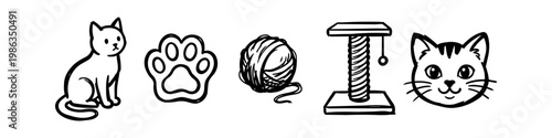 Hand-drawn set of cat-themed icons featuring a sitting feline, paw print, yarn ball, scratching post, and cute cat face. Minimalist black ink doodle illustrations for pet lovers and pet care.