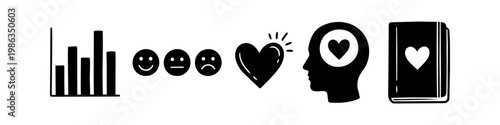 Minimalist black icons depicting emotional intelligence concepts: mood tracking graph, facial expressions, heart, mind profile, and a self-care journal. Great for wellness and psychology themes.