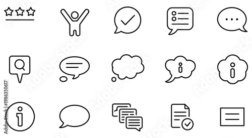 Set of communication and feedback icons representing success user satisfaction discussion and information exchange through visual symbols, customer review and interaction concept vector