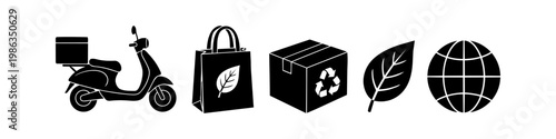 Set of black silhouette icons representing eco-friendly delivery and sustainable logistics, featuring a delivery scooter, reusable bag, recycled box, leaf, and globe on a white background.