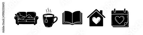 Minimalist black icon set for home comfort and self-care, featuring a person on a sofa, hot tea, an open book, a heart-filled house, and a calendar with a heart icon on a white background.