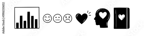 Mental health and mood tracking icon set including bar chart, emoticons, heart symbols, and a journal. Perfect for psychology, wellness apps, and self-care graphics in a simple black and white style.