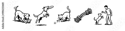 Hand-drawn black and white line art illustrations of pets playing, featuring dogs catching frisbees and balls, a cat with a laser pointer, and a rope toy.
