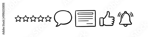 Hand-drawn social media icons set featuring star ratings, speech bubble, thumbs up, and notification bell. Black doodle line art symbols for customer feedback and engagement on white background.