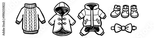 Hand-drawn doodle set of winter dog clothes including a sweater, hooded coat, puffer jumpsuit, boots, and a bow tie. Black and white outline vector icons for pet fashion and grooming.