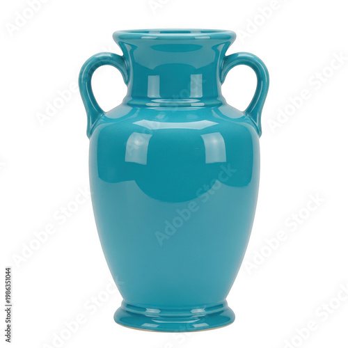 A classic ceramic vase featuring a vibrant turquoise finish and two symmetrical side handles
