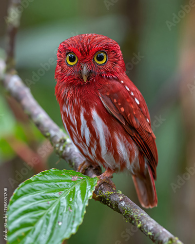 Close-up portrait of a rare vibrant red owl with yellow eyes perched on a branch in a green forest created with Generative AI Technology, ai, generative