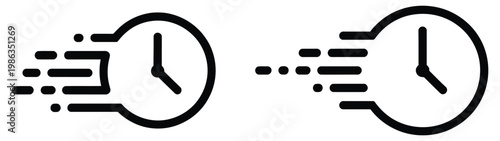 Set of fast clock icons in different motion styles like flame glitch and streaks, urgency time management express delivery and deadline concept vector