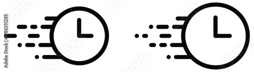 Set of fast clock icons in different motion styles like flame glitch and streaks, urgency time management express delivery and deadline concept vector