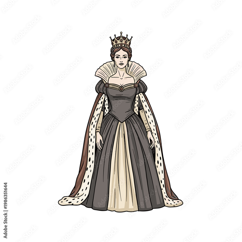 Fototapeta premium Full-length illustration of a queen in royal attire with crown Concept of Isolated on a transparent background 