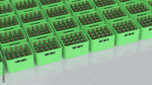 Multiple rows of green beer crates on a shiny grey floor