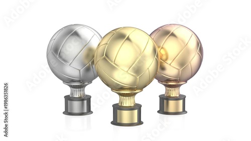Gold, silver, and bronze volleyball or football trophies on white background