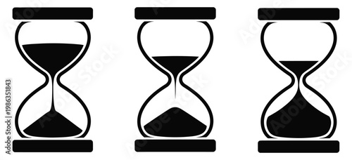 Set of sand clock illustrations with varying frames and sand amounts hourglass shapes in multiple variations vector icon set of hourglasses with falling sand, time passage and deadline