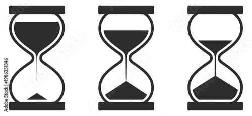 Set of sand clock illustrations with varying frames and sand amounts hourglass shapes in multiple variations vector icon set of hourglasses with falling sand, time passage and deadline