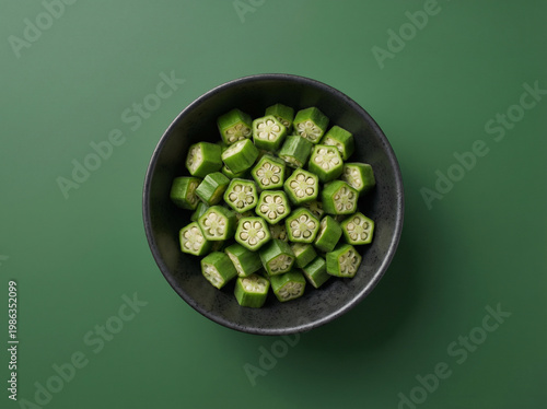 Foto Top view of sliced green okra in a dark bowl on a green background