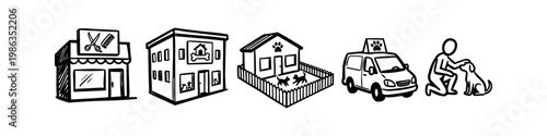 Hand-drawn pet service icons featuring a grooming salon, animal hotel, dog daycare, mobile grooming van, and a person petting a dog in a minimalist black and white doodle style.
