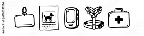 Hand-drawn doodle icons for pet safety and care, featuring an ID tag, lost dog poster, GPS tracker, harness, and first aid kit. Black line art vector illustrations on a white background.