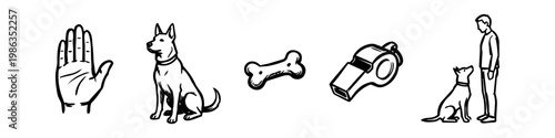 Minimalist black and white line art icons for dog training and obedience, including a hand gesture, sitting dog, bone, whistle, and instructor with a pet.