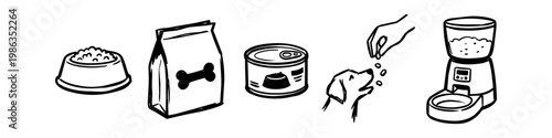 Minimalist hand-drawn icons of dog food products: dry kibble bag, bowl, canned wet food, automatic pet feeder, and hand feeding a dog. Simple black and white line art vector illustrations.