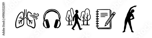 Set of hand-drawn wellness and self-care icons featuring breathing, music, walking in nature, journaling, and stretching. Perfect for mental health and lifestyle projects.