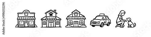 Hand-drawn vector icons for pet services including shops, a clinic, a mobile grooming car, and a person training a dog. Ideal for veterinary, grooming, and pet care business branding.