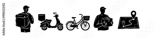 Hand-drawn delivery service icons set in black and white. Features couriers with thermal bags and boxes, motor scooter, bicycle, and map navigation. Ideal for logistics and shipping concepts.