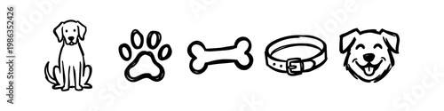 Set of hand-drawn dog-themed icons featuring a sitting labrador, paw print, bone, collar, and a happy dog face. Minimalist black line art on white background for pet shops and veterinary clinics.